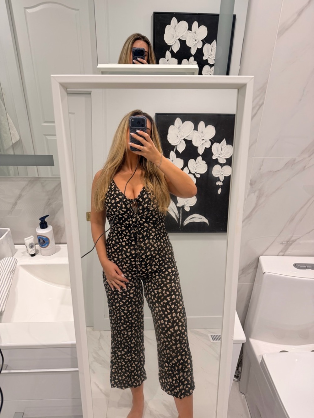 Urban Outfitters Black Floral Wide-Leg Jumpsuit